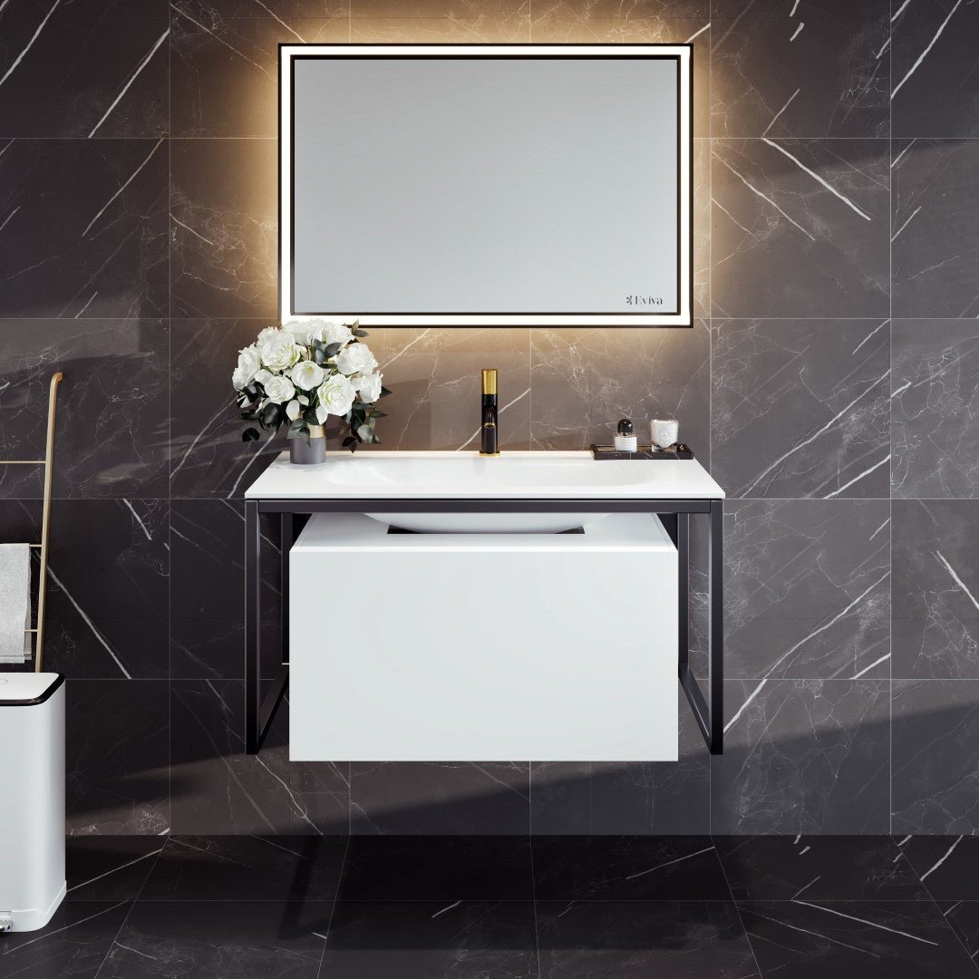 Modena 32 in. White Wall Mount Single Sink Bath Vanity with Solid Surface Top and Integrated Sink - Bathroom Vanity by Eviva