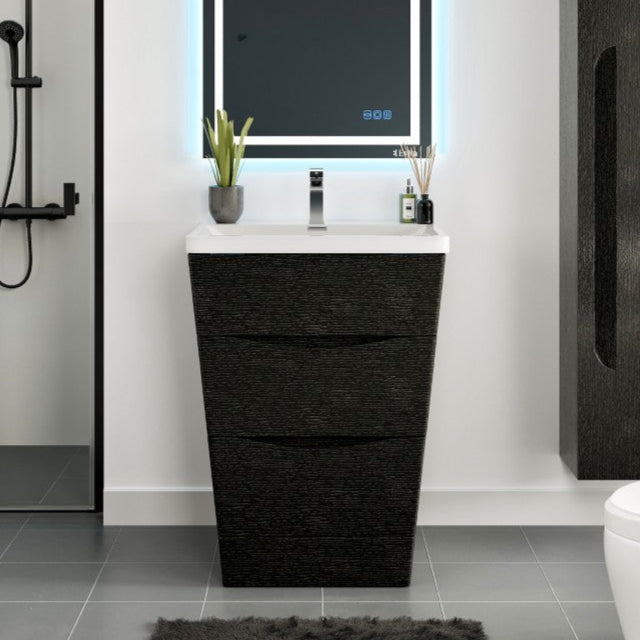 Freestanding chestnut brown bathroom vanity with an acrylic top and integrated sink, depicted in a modern bathroom setting with a shower, toilet, and decorative items.