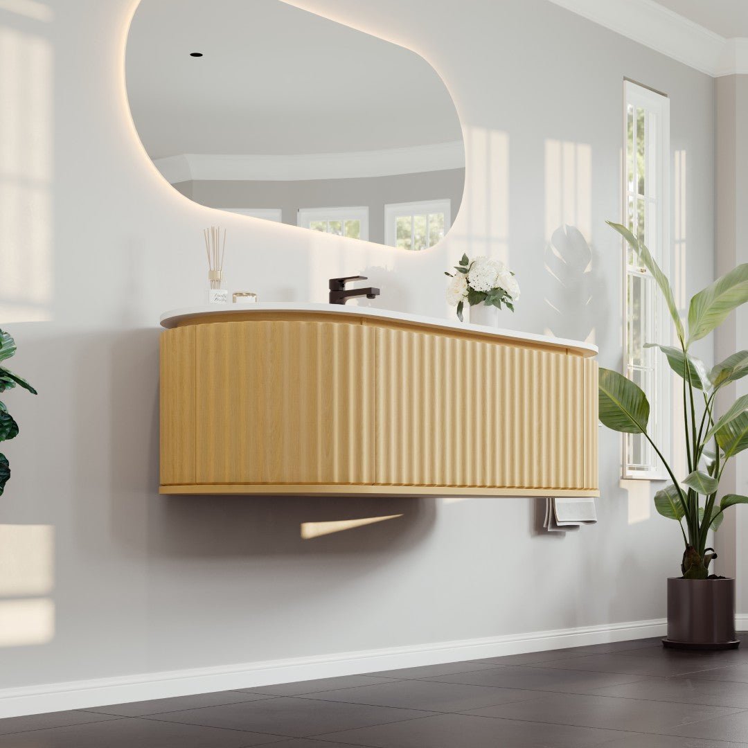 Haven 55 in. Natural Oak Wall Mount Single Sink Bath Vanity with Solid Surface Top and Integrated Sink - Bathroom Vanity by Eviva