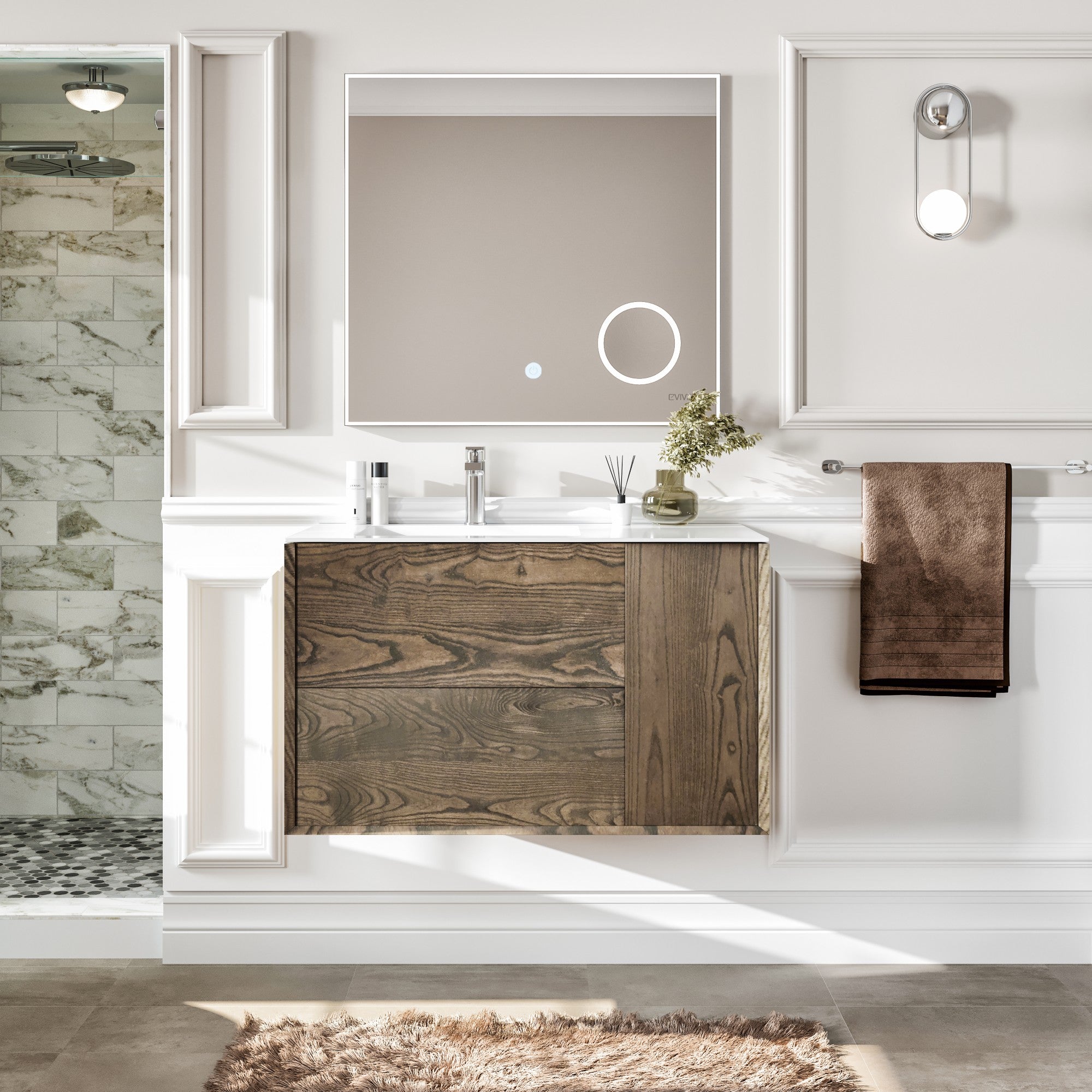Ciocco 36 in. Oak Wall Mount Single Sink Bath Vanity with Solid Surface Top and Integrated Sink