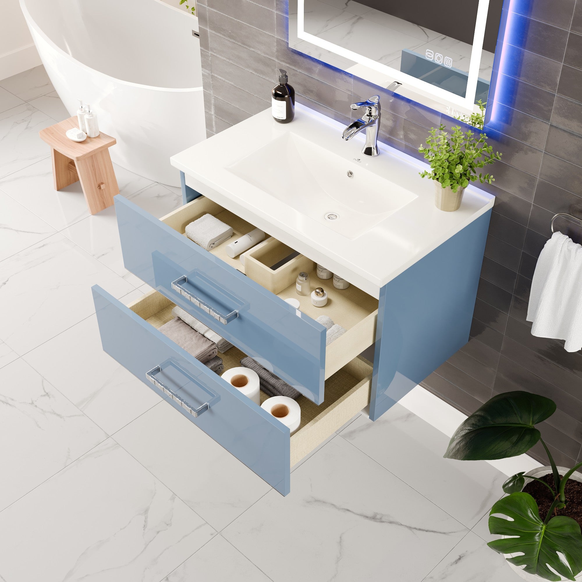 Daytona 32 in. Blue Wall Mount Single Sink Bath Vanity with Porcelain Top and Integrated Sink