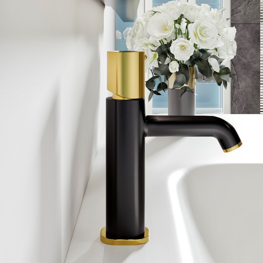 Eviva Eclair Single - Handle Straight Single - Hole Bathroom Faucet with Gold Handle and Spout Tip with Deckplate Included in Matte Black - Bathroom Faucet by Eviva