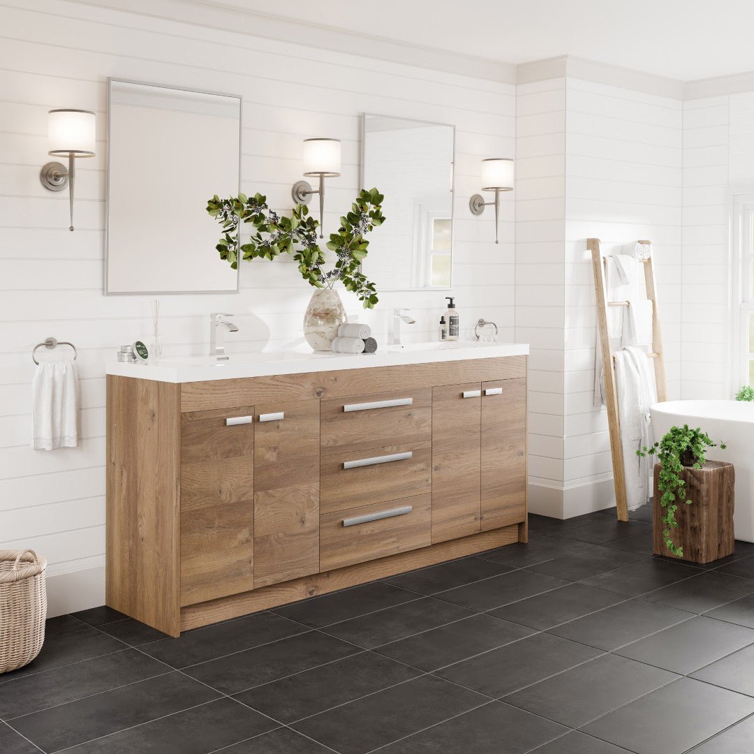 Lugano 72 in. Natural Oak Double Sink Freestanding Bath Vanity with Acrylic Top and Integrated Sinks - Bathroom Vanity by Eviva