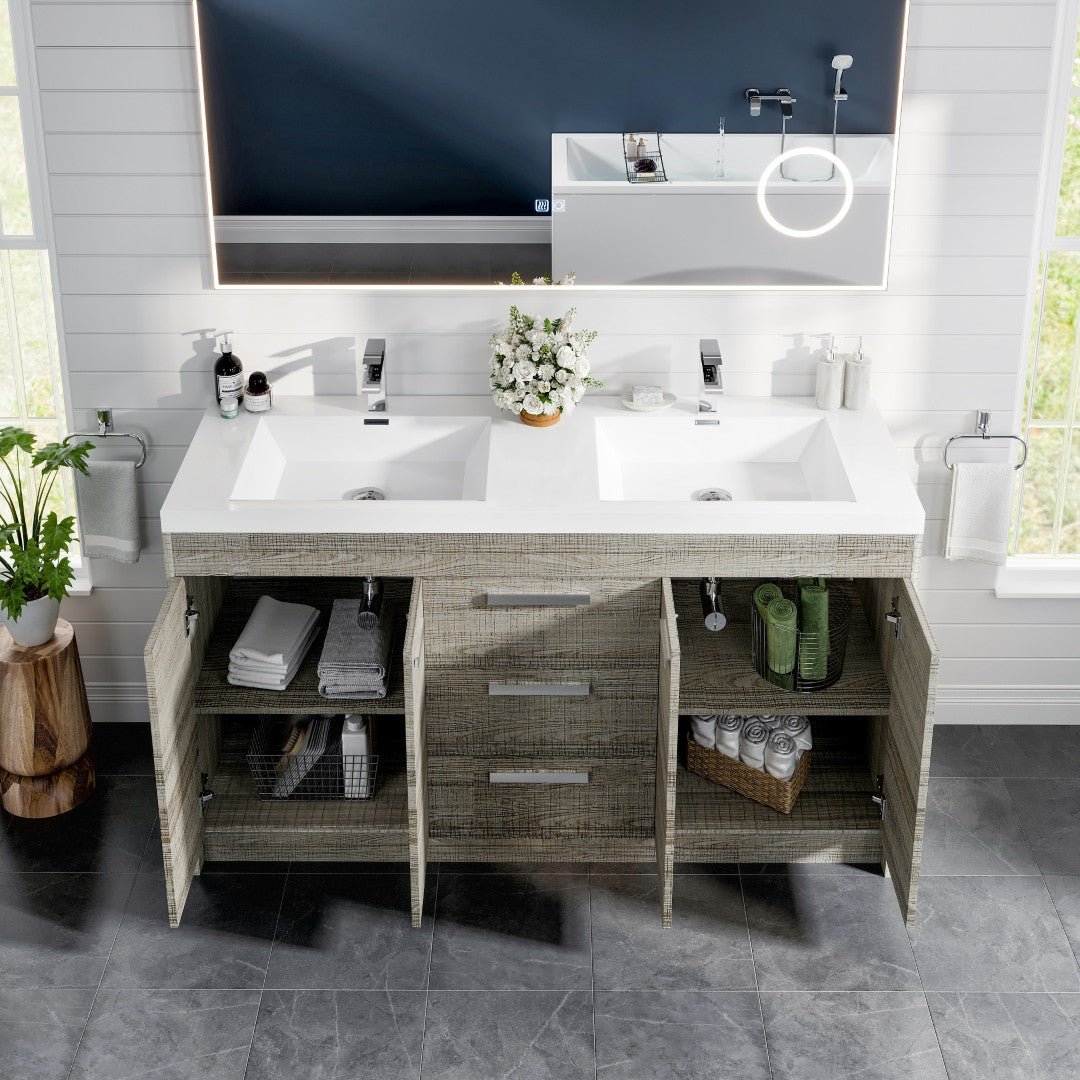 Lugano 60 in. Ash Double Sink Bath Vanity with Acrylic Top and Integrated Sinks - Bathroom Vanity by Eviva