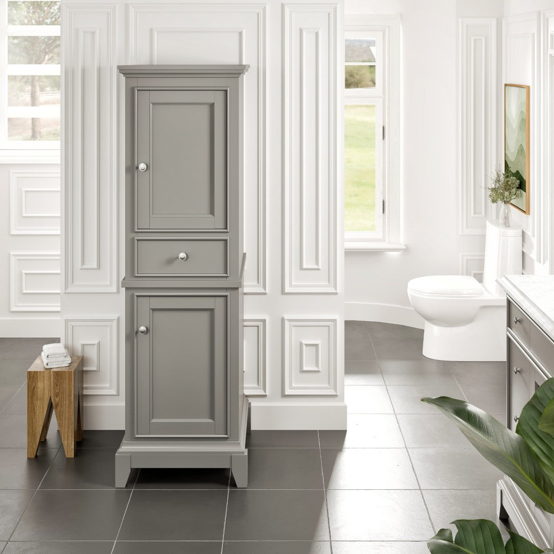 Eviva Gray freestanding linen cabinet in a bathroom.
