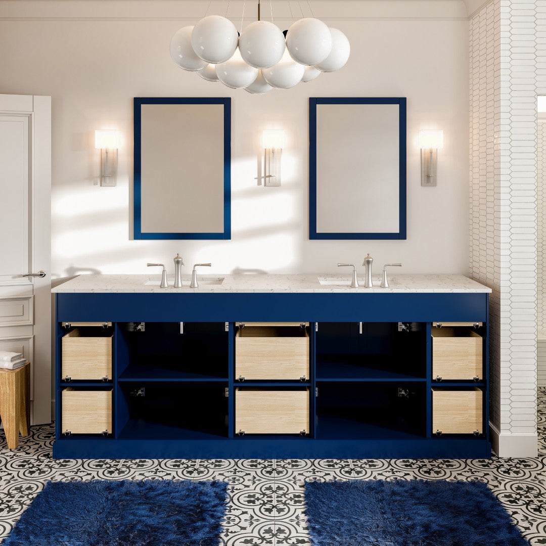 Epic 96 in. Blue Double Sink Bath Vanity with Carrara Quartz Top and Undermount Porcelain Sinks