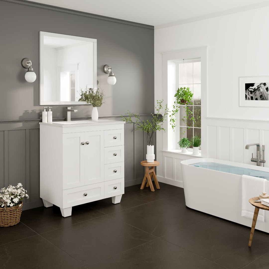 Happy 30 in. White Single Sink Bath Vanity with Carrara Quartz Top and Undermount Porcelain Sink - Bathroom Vanity by Eviva