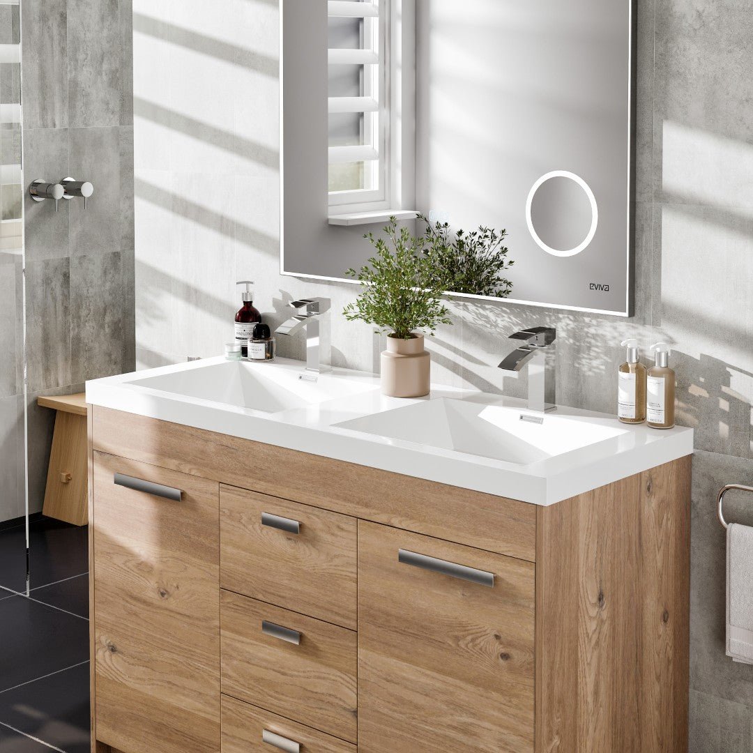 Lugano 48 in. Natural Oak Double Sink Bath Vanity with Acrylic Top and Integrated Sinks - Bathroom Vanity by Eviva