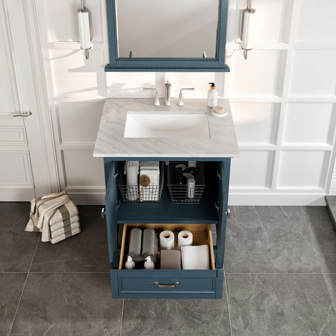 Eviva Britney 30 Inch Transitional Ash Blue Bathroom Vanity with Carrera Marble Top