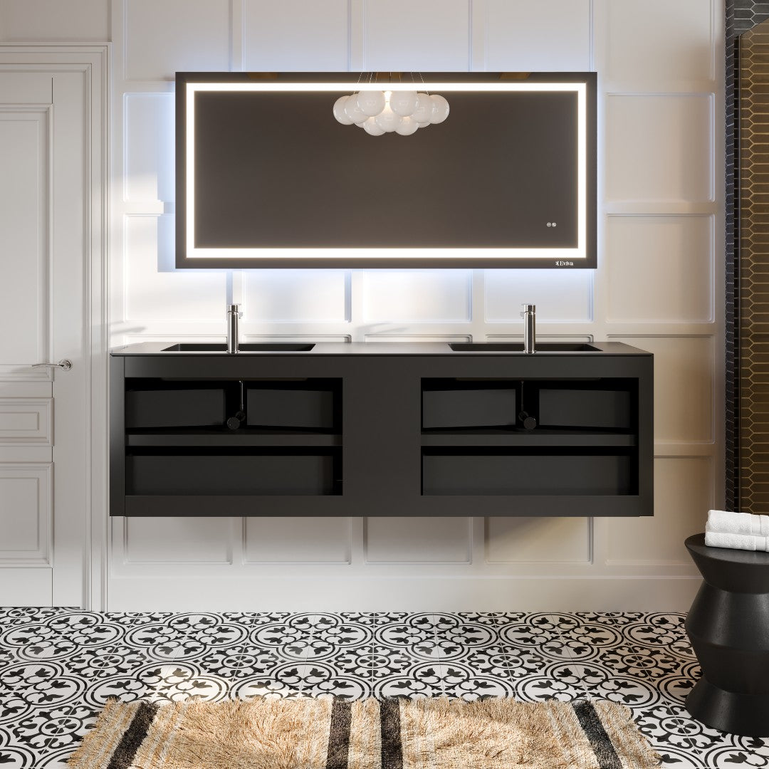 Vienna 75" Black Oak Wall Mount Double Sink  Bath Vanity with Acrylic Top and Integrated Sinks