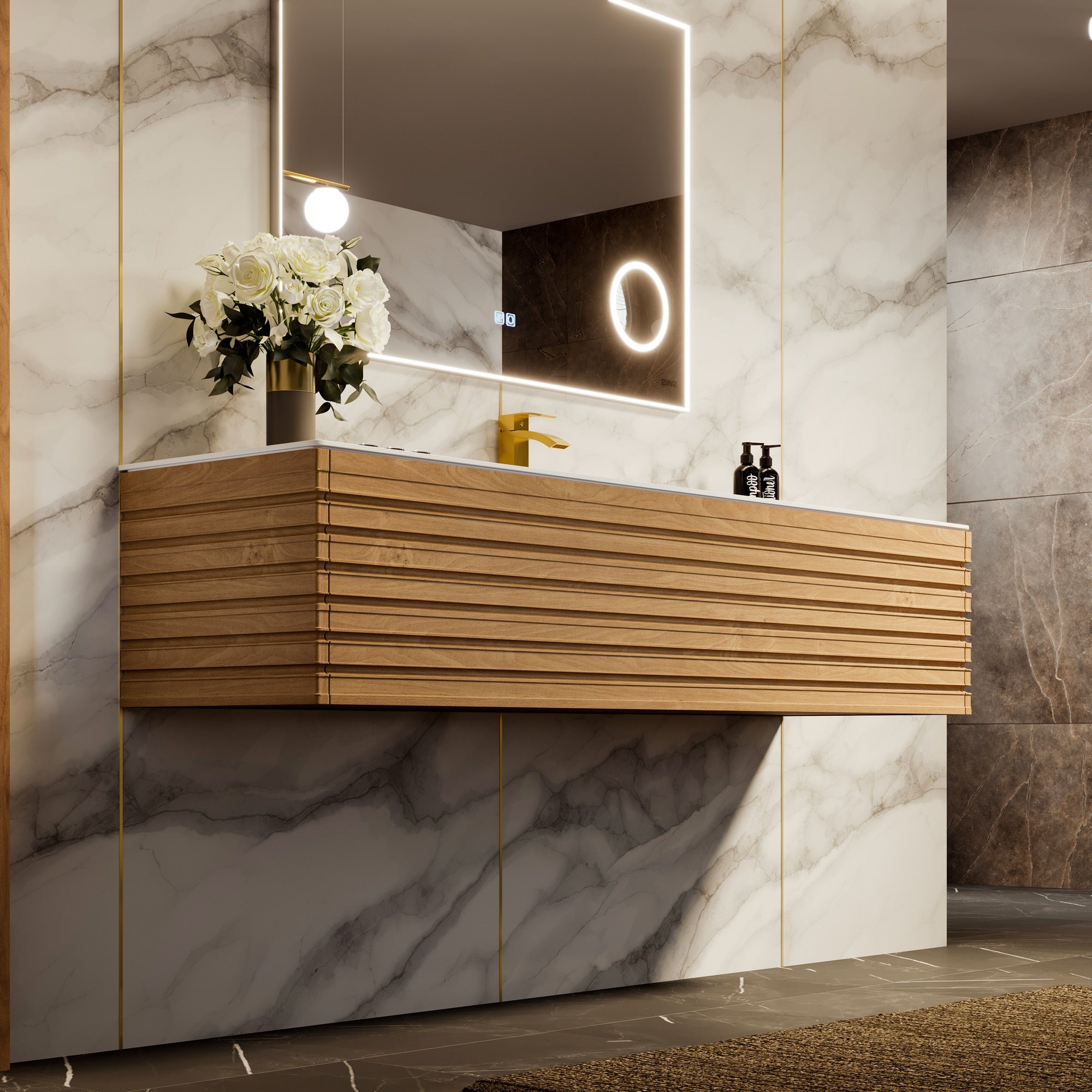 Allure 55 in. Oak Wall Mount Single Sink Bath Vanity with Solid Surface Top and Integrated Sink