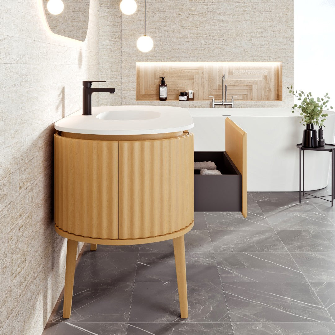 Haven 48 in. Natural Oak Single Sink Bath Vanity with Solid Surface Top and Integrated Sink