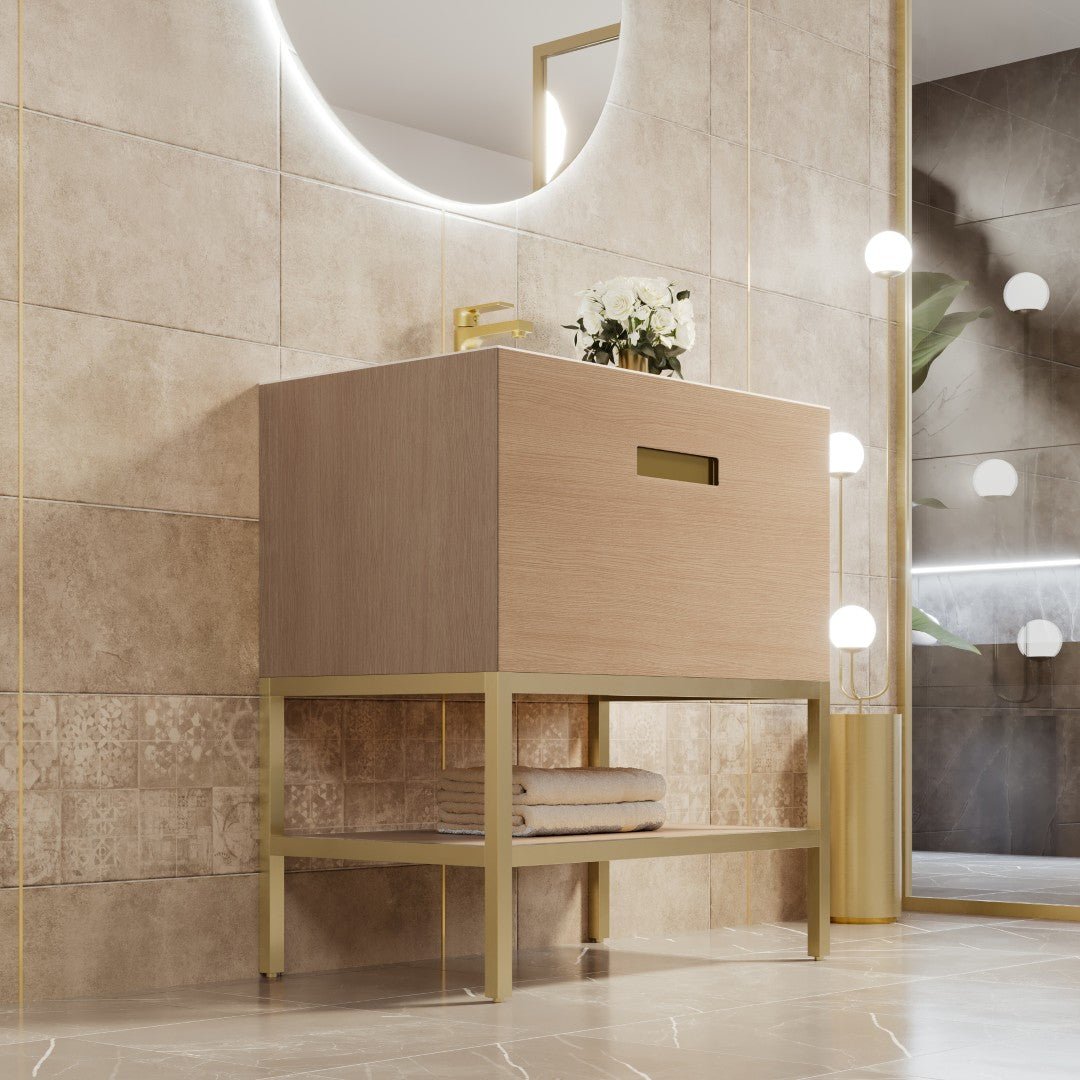 Iris 30 in. Natural Oak Single Sink Bath Vanity with Solid Surface Top and Integrated Sink - Bathroom Vanity by Eviva