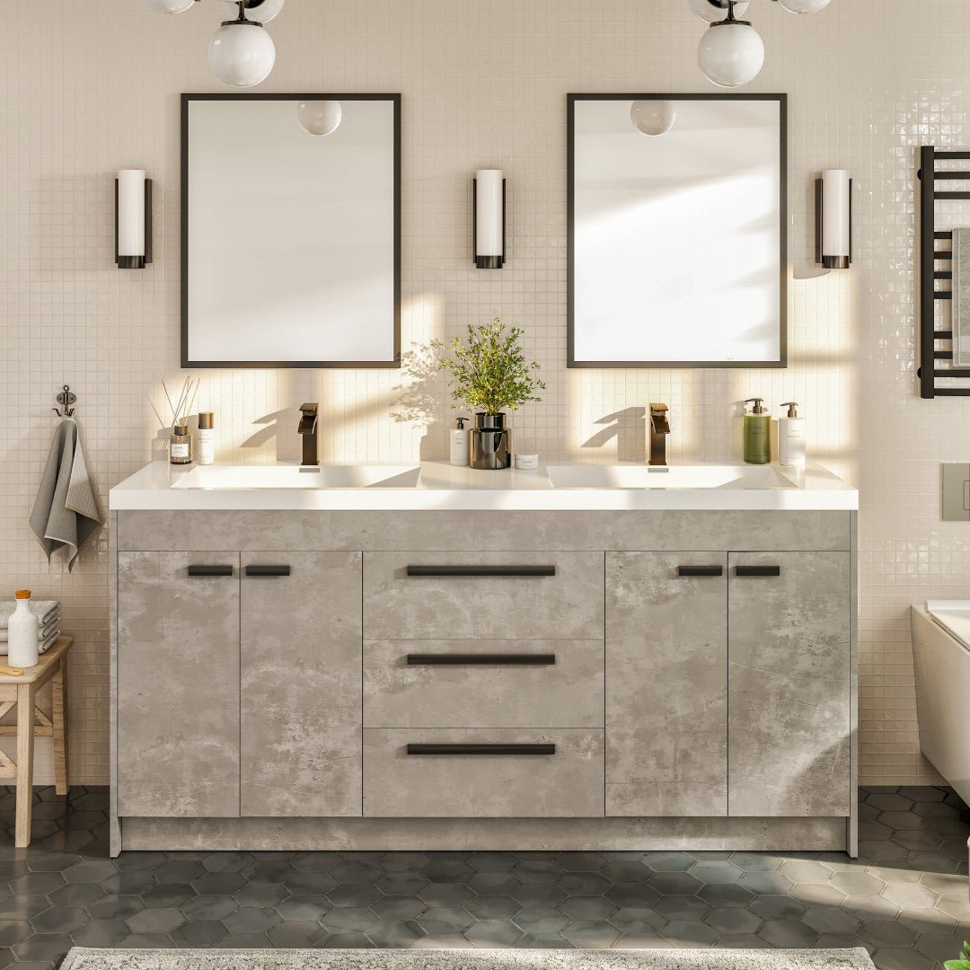 Lugano 72 in. Concrete Gray Double Sink Bath Vanity with Acrylic Top and Integrated Sinks - Bathroom Vanity by Eviva