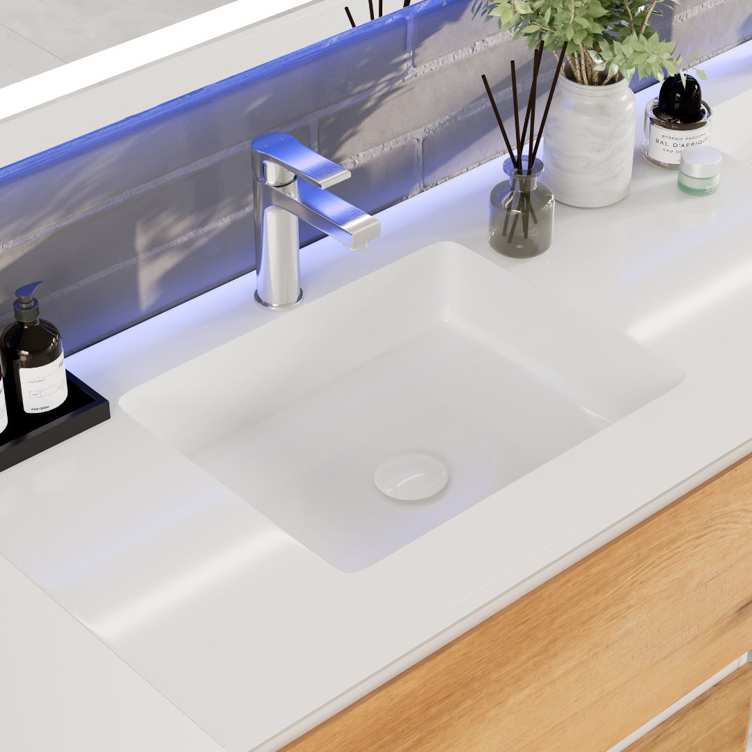 Vienna 60" WH Oak Wall Mount Double Sink Bath Vanity with Acrylic Top and Integrated Sinks