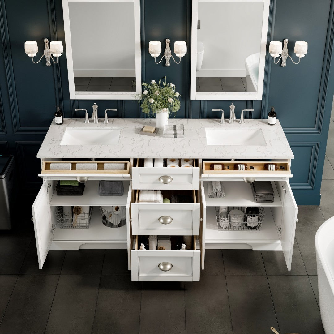Epic 72 in. White Double Sink Bath Vanity with Carrara Quartz Top and Undermount Porcelain Sinks