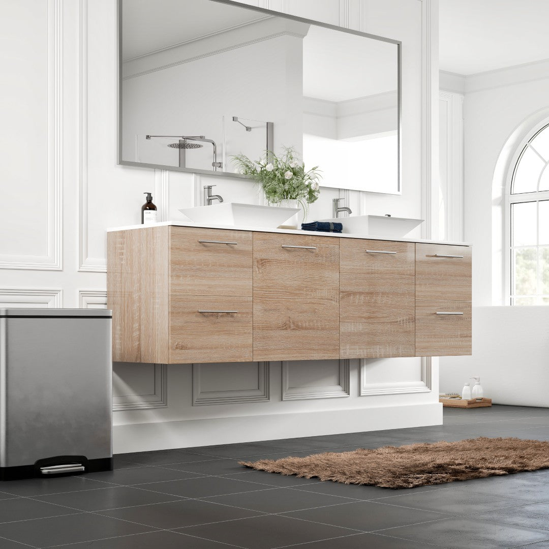Luxy 72 in. White Oak Wall Mount Double Sink Bath Vanity with White Quartz Top and Vessel Porcelain Sinks