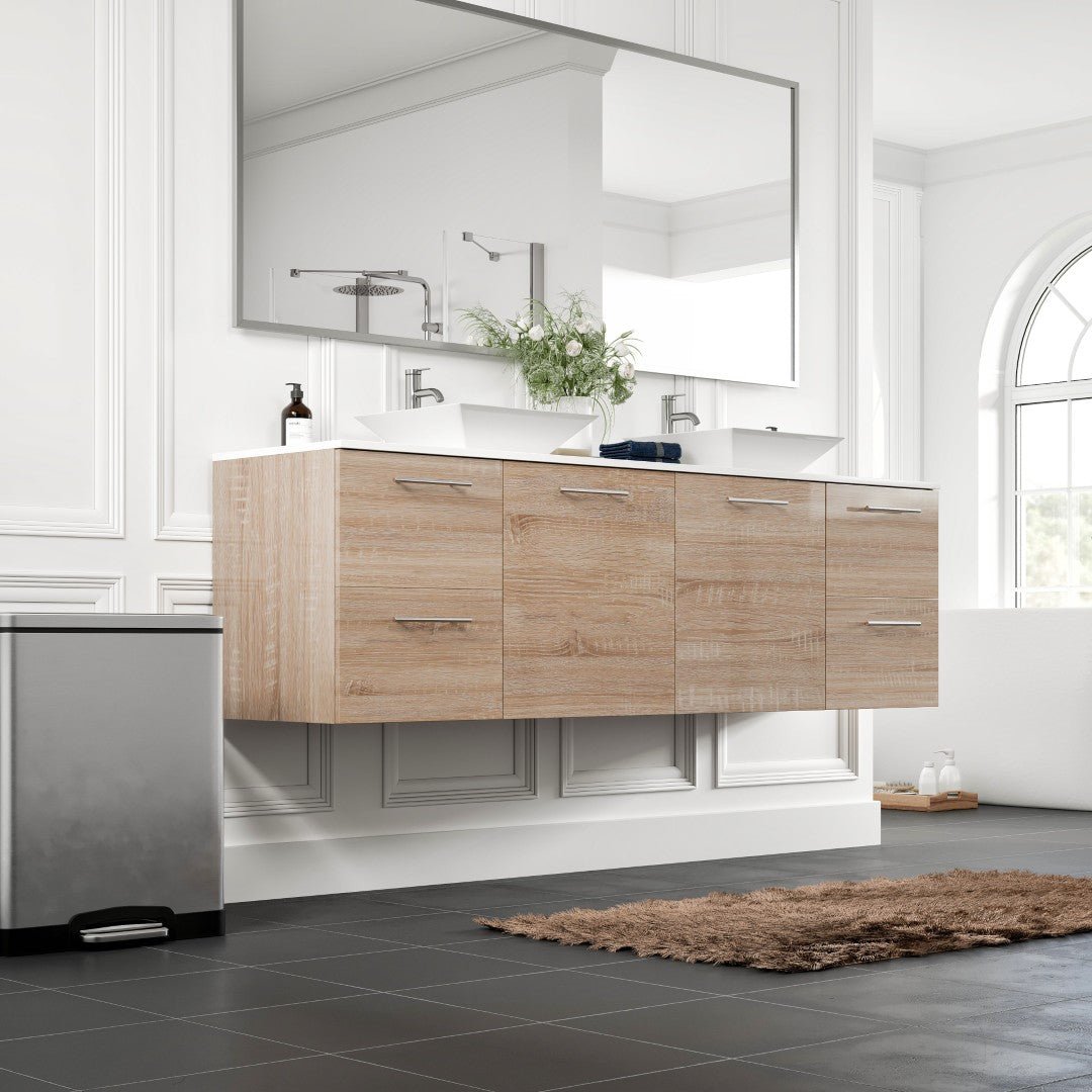 Luxy 72 in. White Oak Wall Mount Double Sink Bath Vanity with White Quartz Top and Vessel Porcelain Sinks - Bathroom Vanity by Eviva