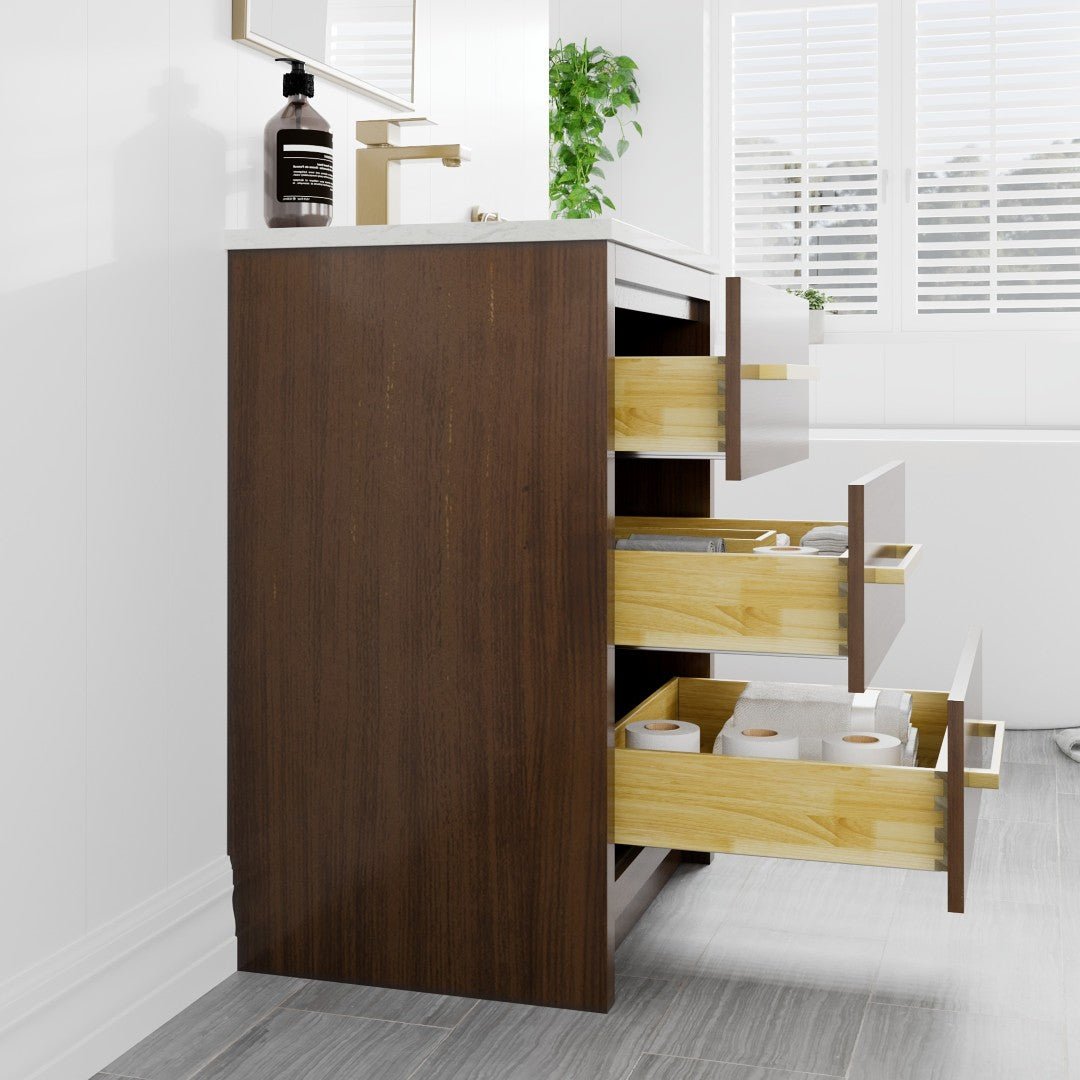 Curio 24 in. Walnut Single Sink Bath Vanity with Carrara Quartz Top and Undermount Porcelain Sink - Bathroom Vanity by Eviva