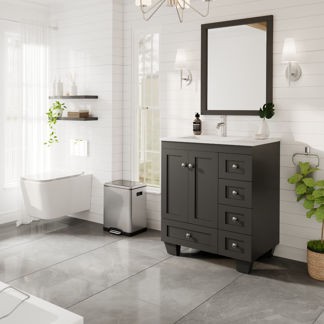 Happy 28 in. Espresso Single Sink Bath Vanity with Carrara Quartz Top and Undermount Porcelain Sink