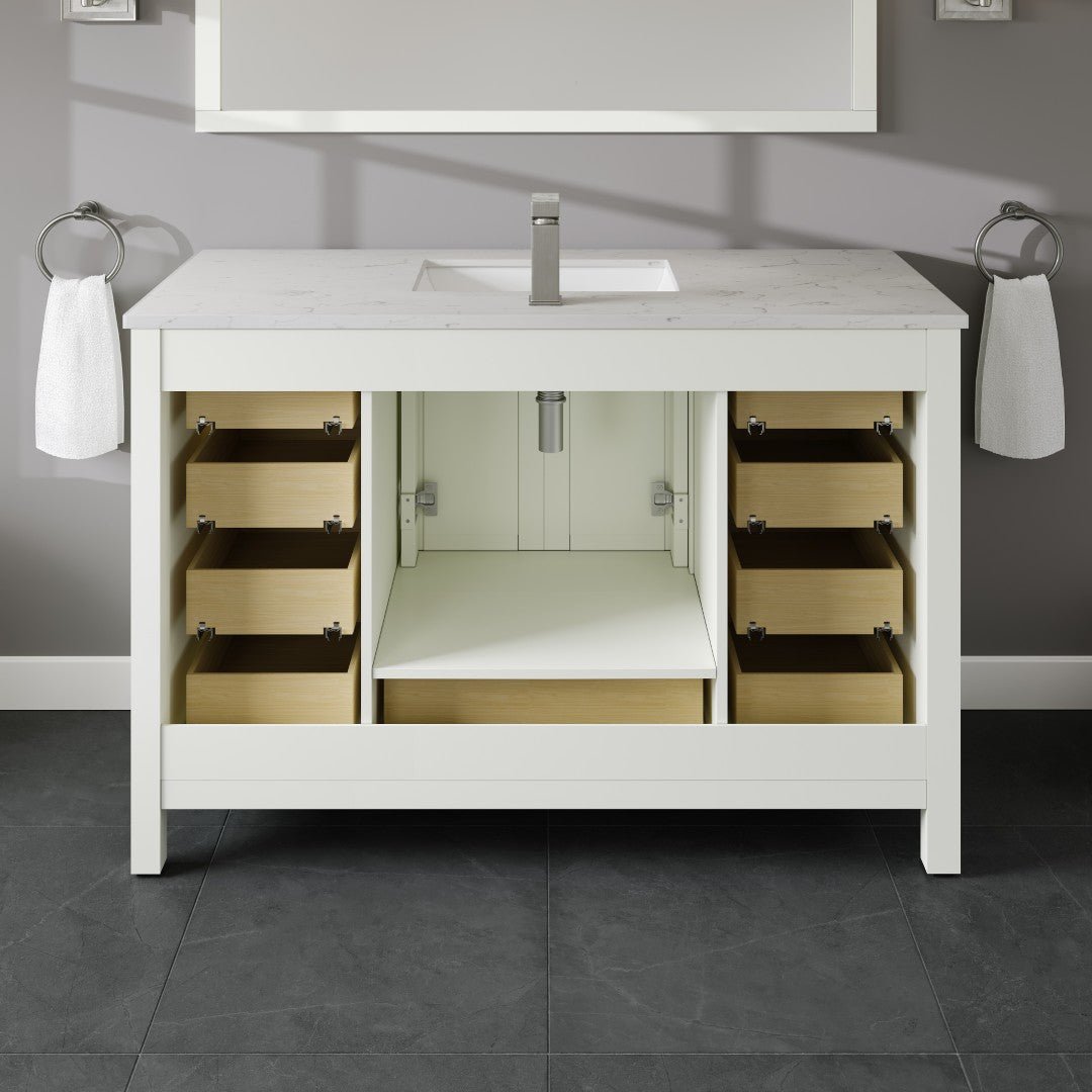 London 48 in. White Single Sink Bath Vanity with Carrara Quartz Top and Undermount Porcelain Sink - Bathroom Vanity by Eviva
