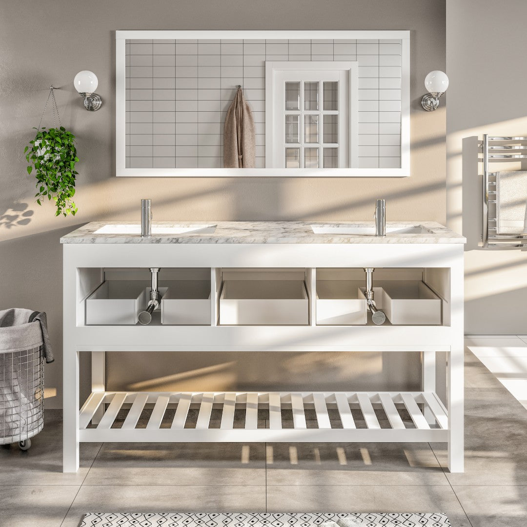 Natalie 60 in. White Double Sink Bath Vanity with Carrara Marble Top and Undermount Porcelain Sinks