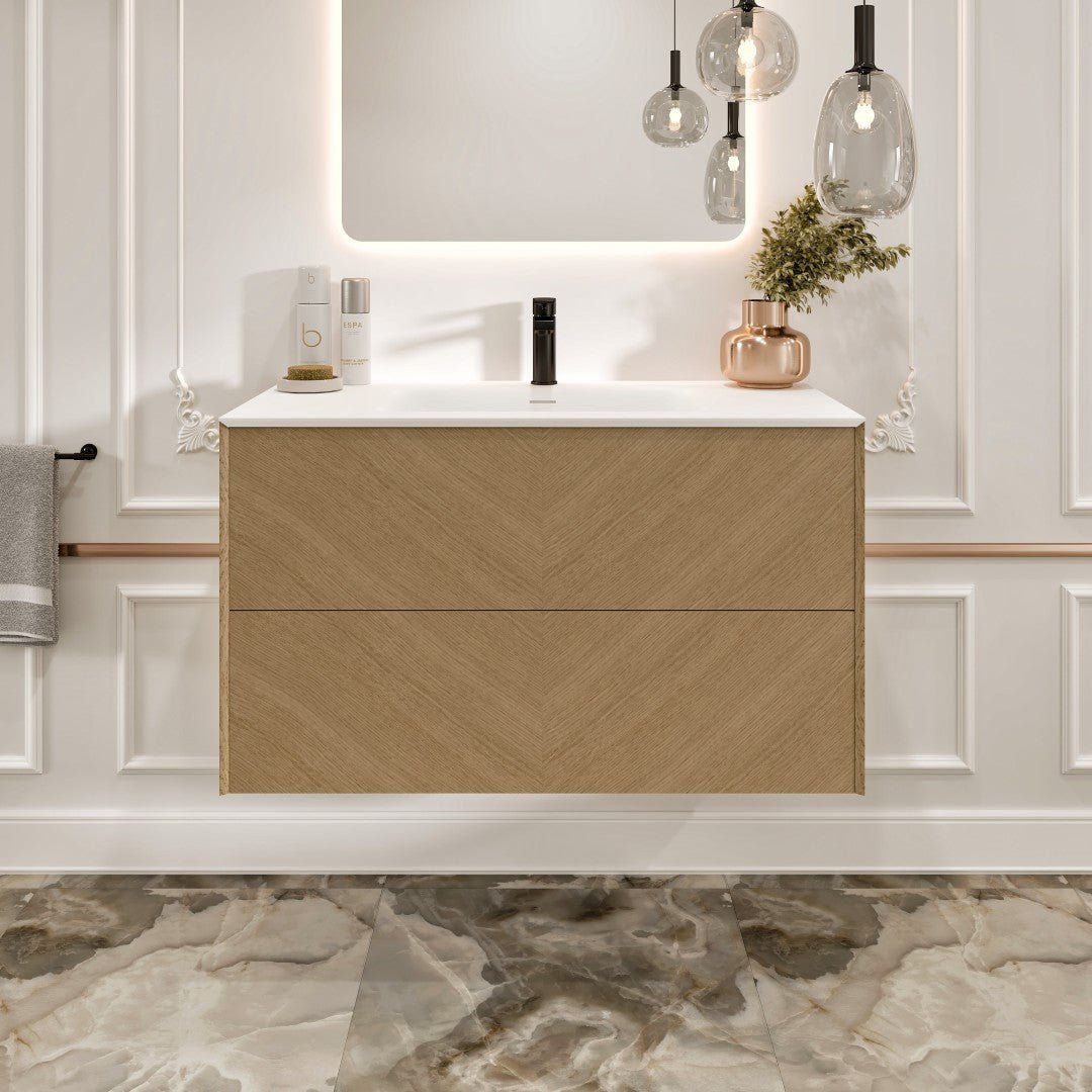 Lotus 30 in. Natural Oak Wall Mount Single Sink Bath Vanity with Solid Surface Top and Integrated Sink - Bathroom Vanity by Eviva