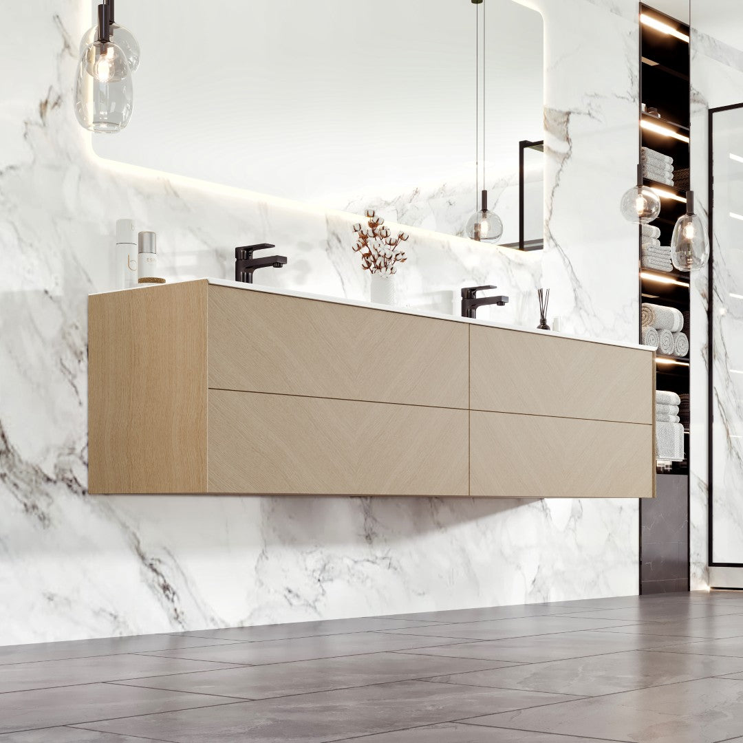 Lotus 71 in. Natural Oak Wall Mount Double Sink Bath Vanity with Solid Surface Top and Integrated Sinks