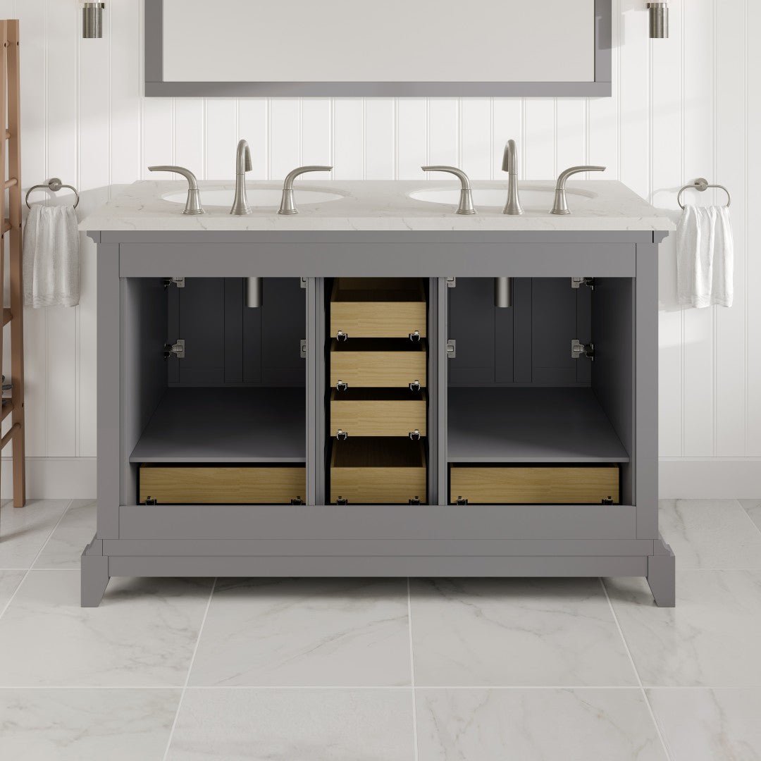 Elite Stamford 48 in. Gray Double Sink Bath Vanity with Carrara Quartz Top and Undermount Porcelain Sinks - Bathroom Vanity by Eviva