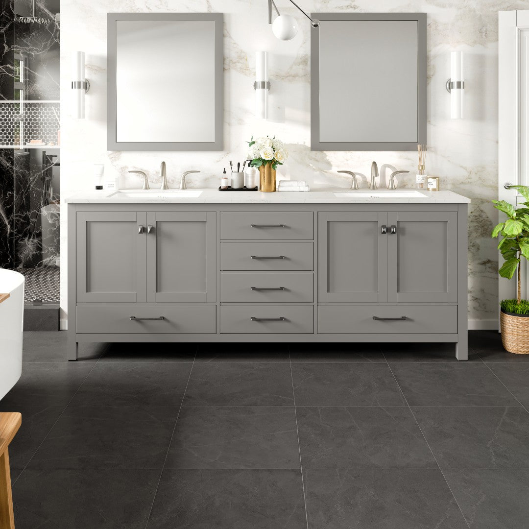Aberdeen 84 in. Gray Double Sink Bath Vanity with Carrara Quartz Top and Undermount Porcelain Sinks