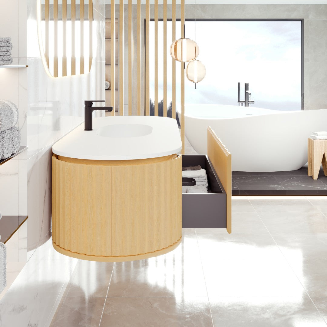 Haven 64 in. Natural Oak Wall Mount Single Sink Bath Vanity with Solid Surface Top and Integrated Sink