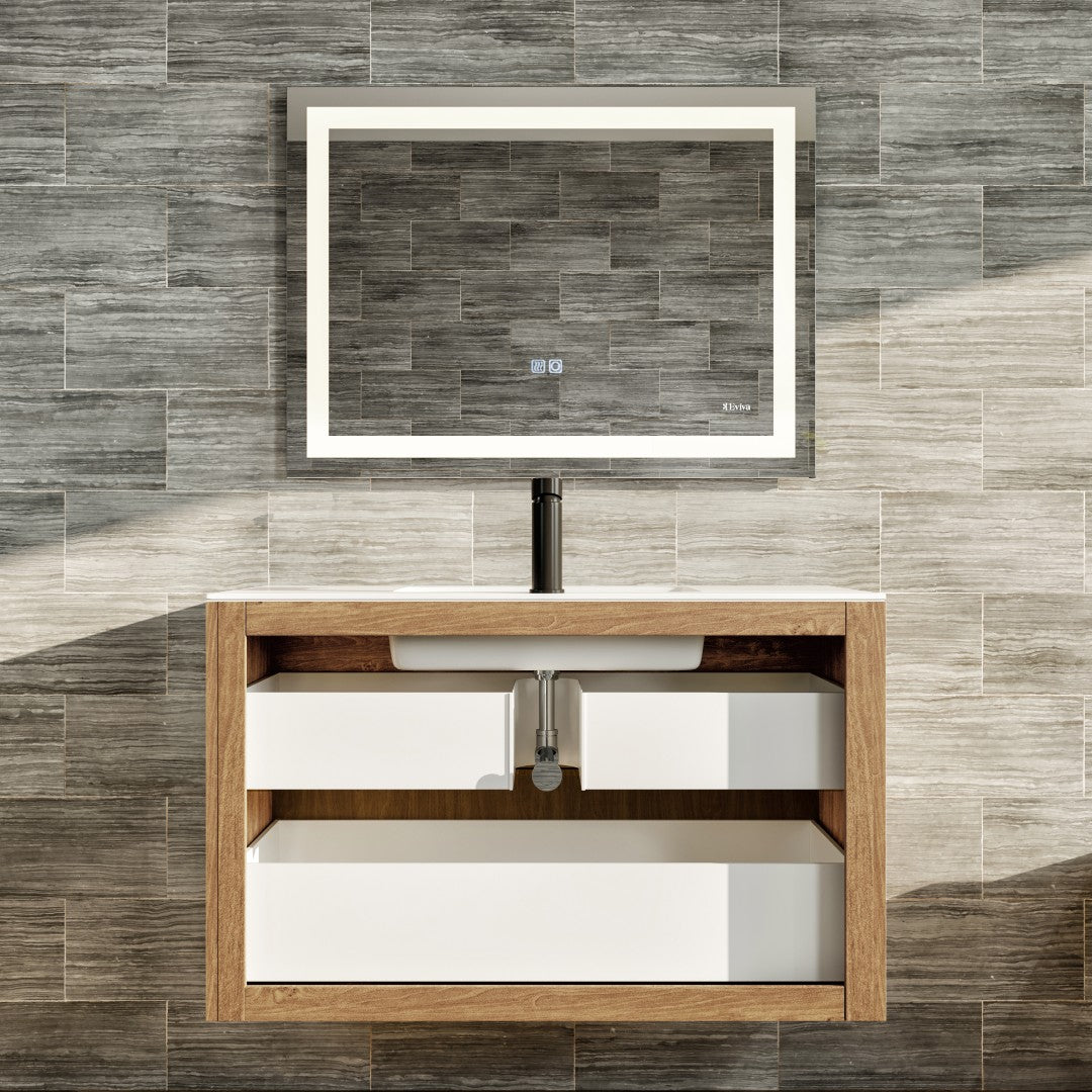 Mosaic 33 in. Natural Oak Wall Mount Single Sink Bath Vanity with Solid Surface Top and Integrated Sink