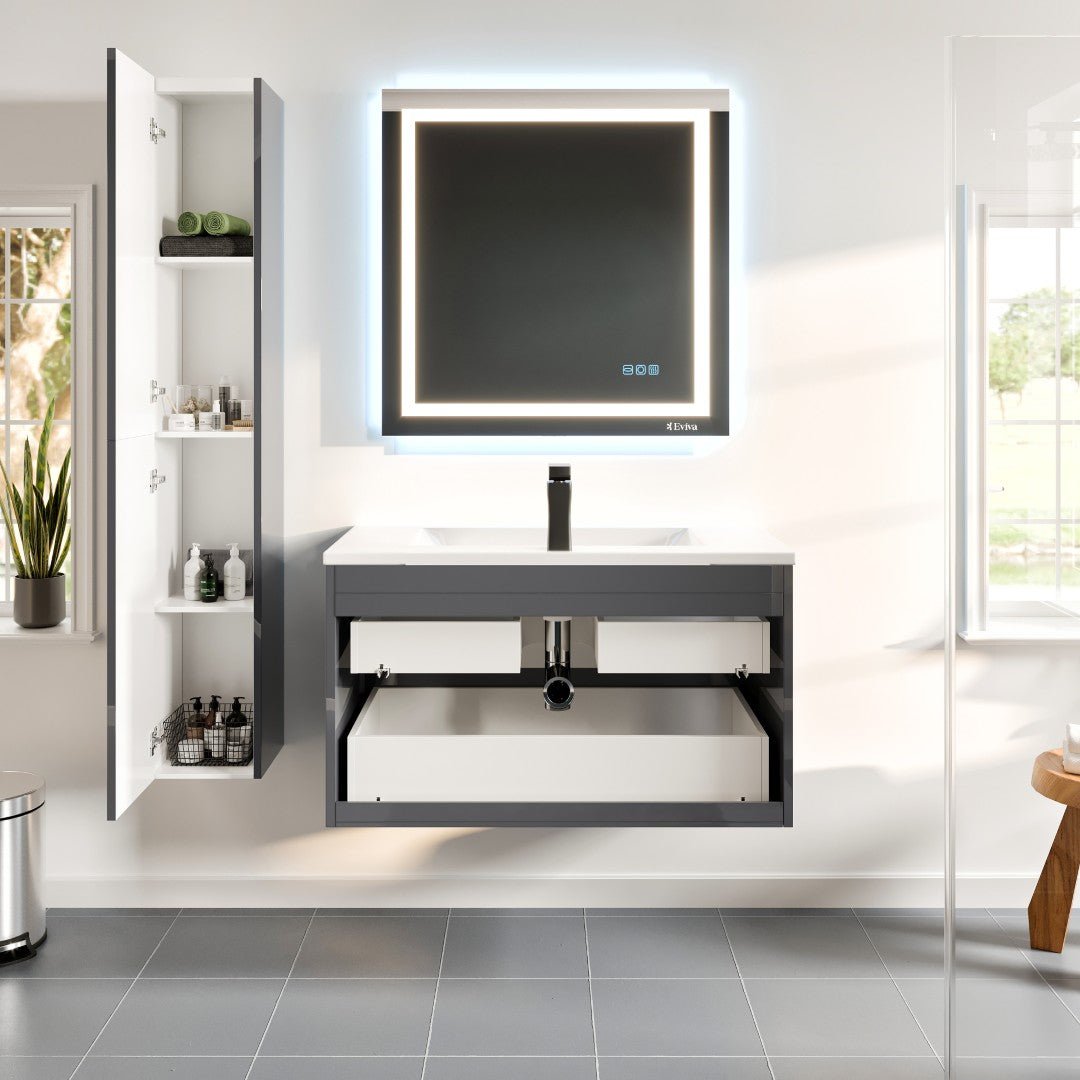Joy 40 in. Gray Wall Mount Single Sink Bath Vanity with Porcelain Top and Integrated Sink - Bathroom Vanity by Eviva