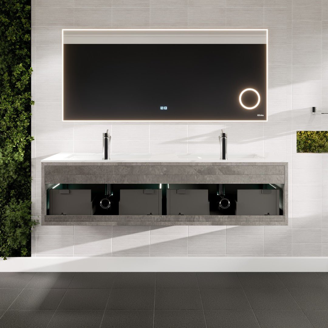 Aurora 60 in. Concrete Gray Wall Mount Double Sink Bath Vanity with Carrara Quartz Top and Undermount Porcelain Sinks - Bathroom Vanity by Eviva