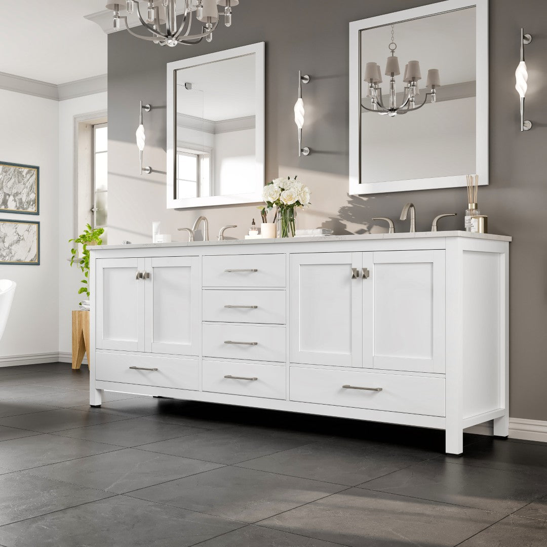Aberdeen 84 in. White Double Sink Bath Vanity with Carrara Quartz Top and Undermount Porcelain Sinks