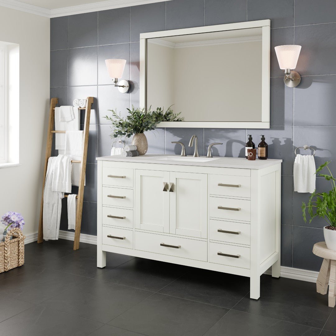 Aberdeen 54 in. White Single Sink Bath Vanity with Carrara Quartz Top and Undermount Porcelain Sink - Bathroom Vanity by Eviva