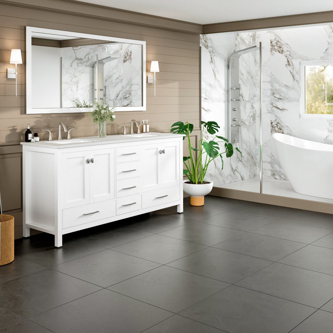Aberdeen 78 in. White Double Sink Bath Vanity with Carrara Quartz Top and Undermount Porcelain Sinks