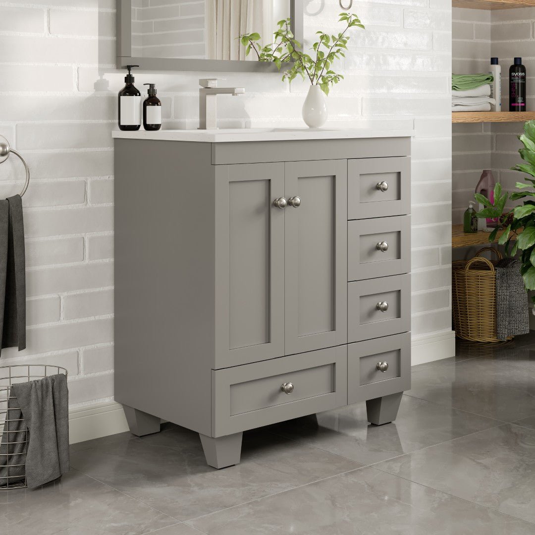 Happy 30 in. Gray Single Sink Bath Vanity with Carrara Quartz Top and Undermount Porcelain Sink - Bathroom Vanity by Eviva