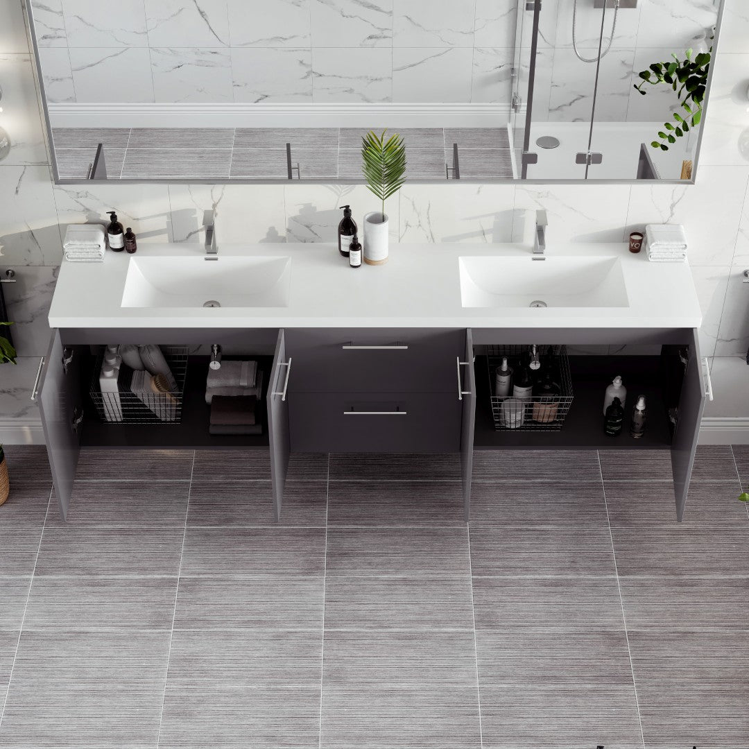 Lumina 84 in. Gray Wall Mount Double Sink Bath Vanity with Acrylic Top and Integrated Sinks