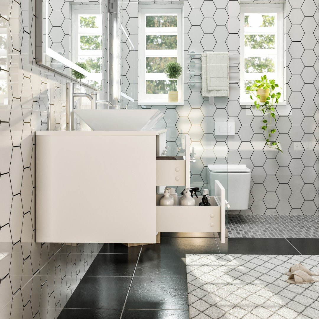 Wave 60 in. White Wall Mount Double Sink Bath Vanity with White Quartz Top and Vessel Porcelain Sinks - Bathroom Vanity by Eviva