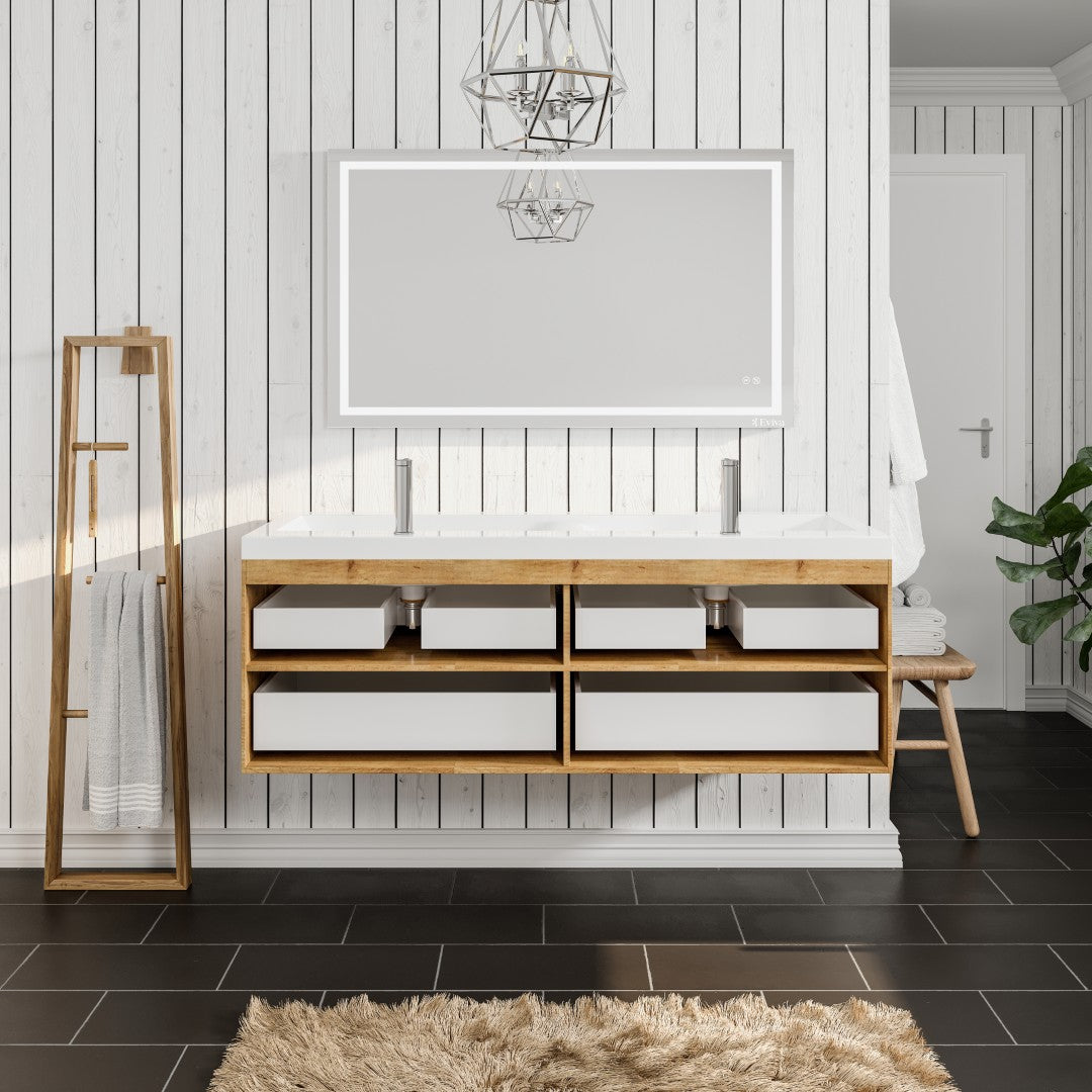 Surf 57 in. Natural Oak Wall Mount Double Sink Bath Vanity with Acrylic Top and Integrated Sinks