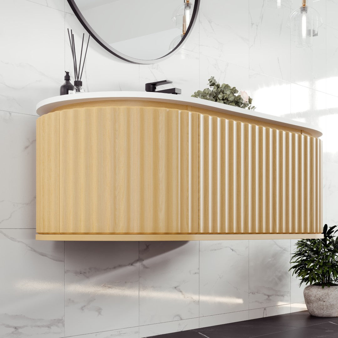 Haven 48 in. Natural Oak Wall Mount Single Sink Bath Vanity with Solid Surface Top and Integrated Sink