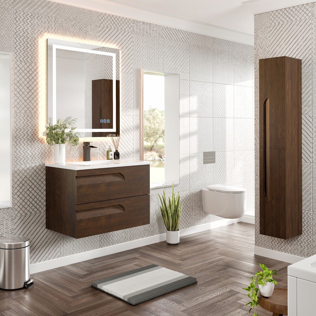 Joy 32 in. Rosewood Wall Mount Single Sink Bath Vanity with Porcelain Top and Integrated Sink - Bathroom Vanity by Eviva