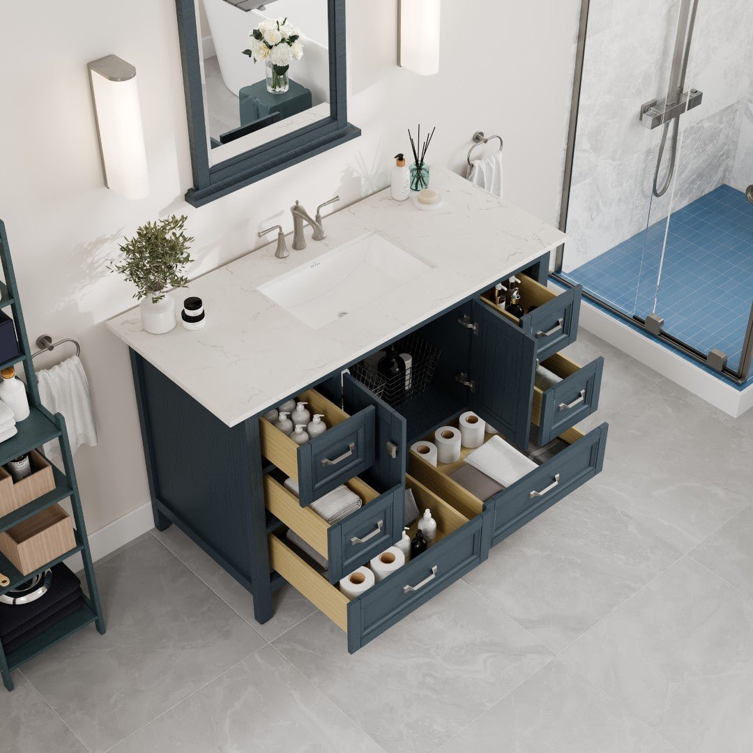 Britney 48 in. Ash Blue Single Sink Bath Vanity with Carrara Quartz Top and Undermount Porcelain Sink - Bathroom Vanity by Eviva