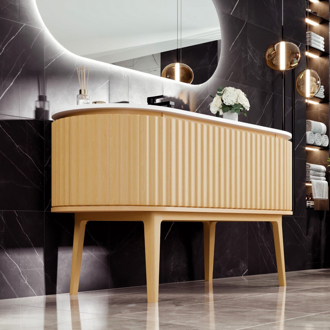Haven 55 in. Natural Oak Freestanding Single Sink Bath Vanity with Solid Surface Top and Integrated Sink - Bathroom Vanity by Eviva