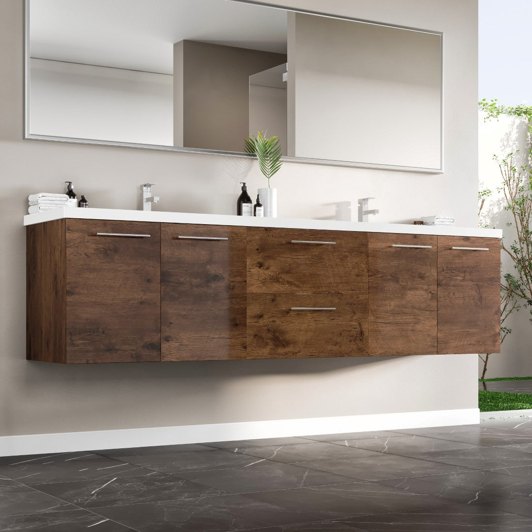 Lumina 84 in. Rosewood Wall Mount Double Sink Bath Vanity with Acrylic Top and Integrated Sinks