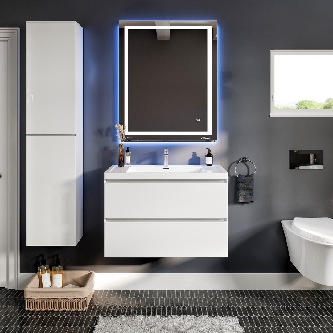 Glazzy 36 in. White Wall Mount Single Sink Bath Vanity with Acrylic Top and Integrated Sink - Bathroom Vanity by Eviva