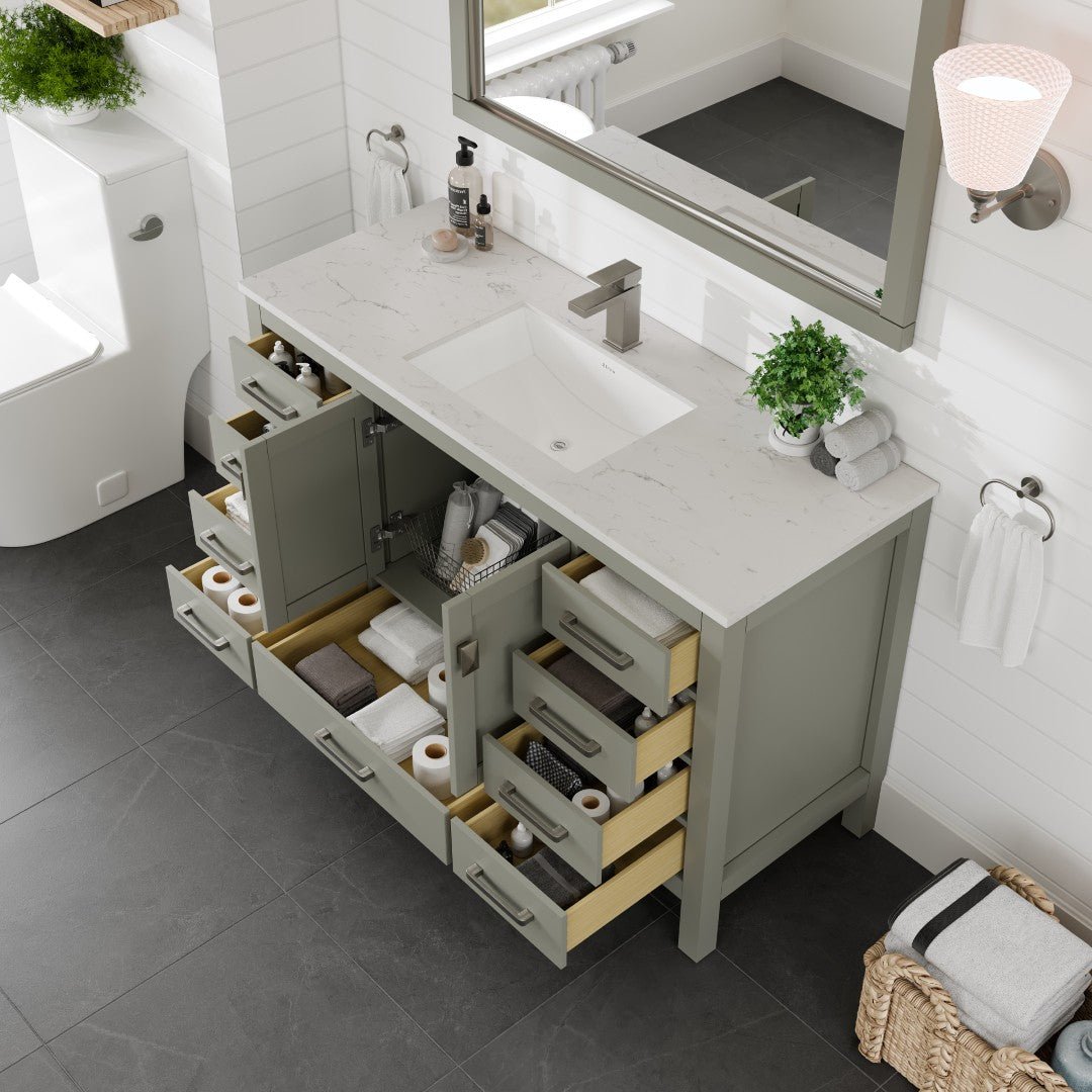 London 54 in. Gray Single Sink Bath Vanity with Carrara Quartz Top and Undermount Porcelain Sink - Bathroom Vanity by Eviva