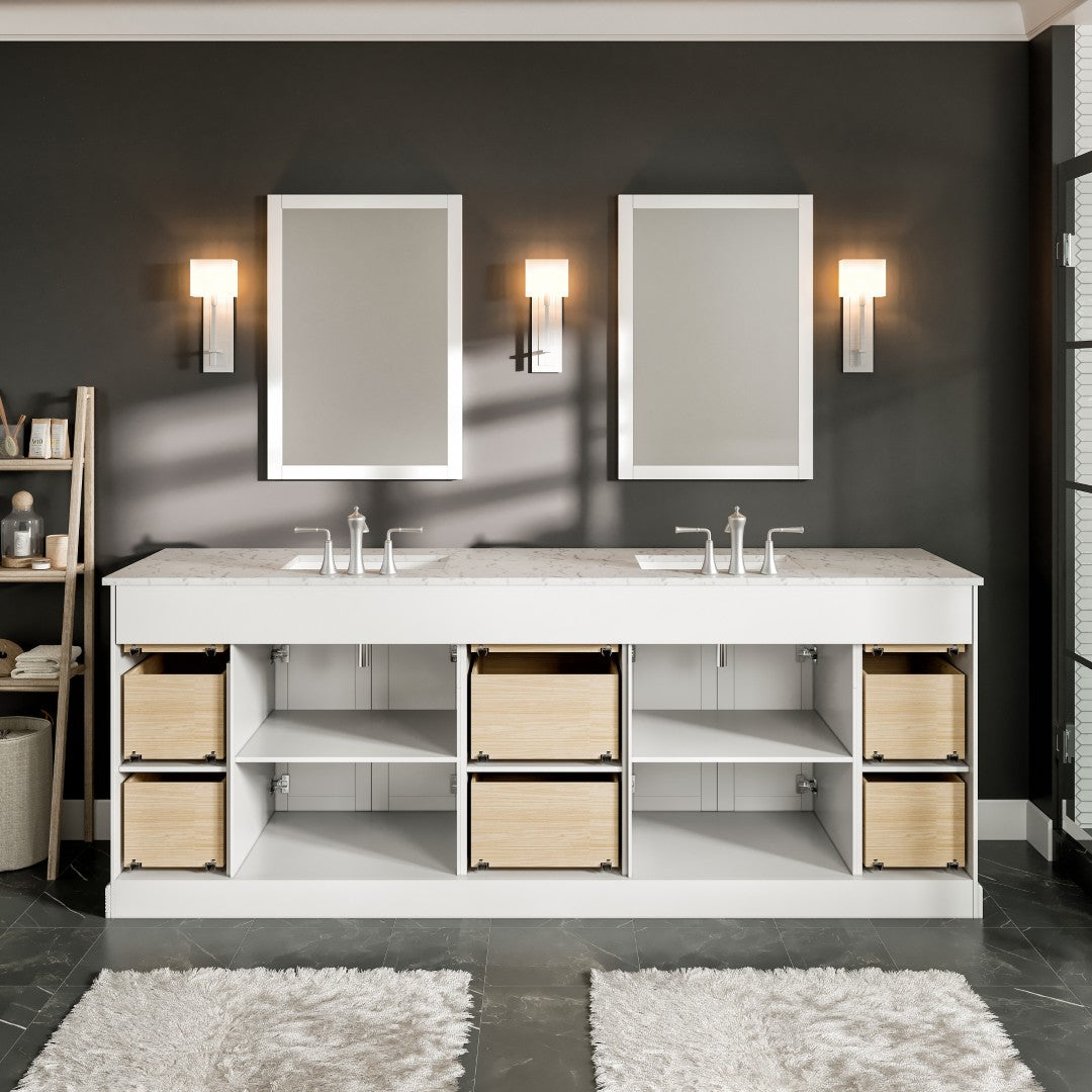Epic 96 in. White Double Sink Bath Vanity with Carrara Quartz Top and Undermount Porcelain Sinks