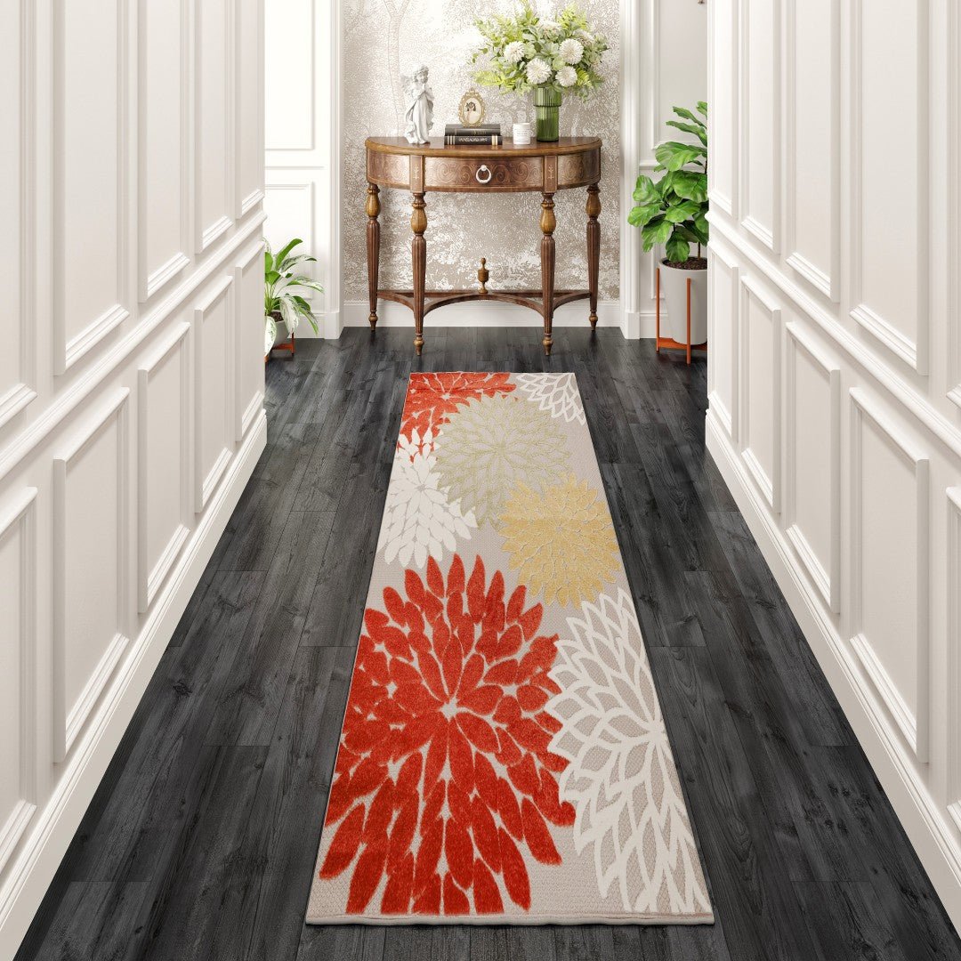 Eviva Nature 2' x 8' Floral Orange/Cream Rug - Rug by Eviva